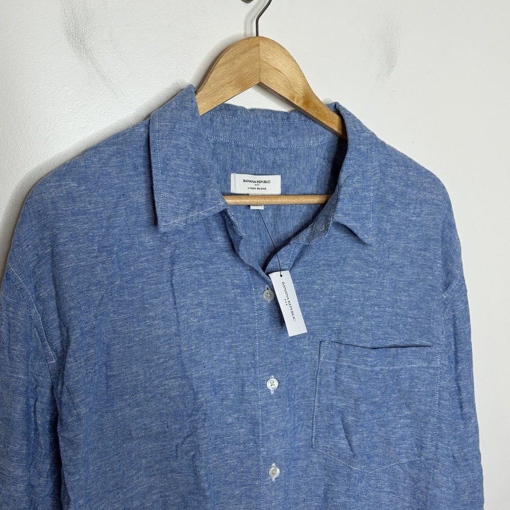 Banana Republic Linen Blend Button Up Shirt Blue Womens XL Coastal Nautical - Picture 2 of 8